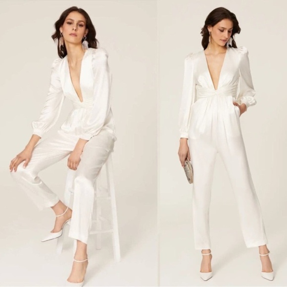 IEENA by Mac Duggal white ivory satin plunge neckline jumpsuit